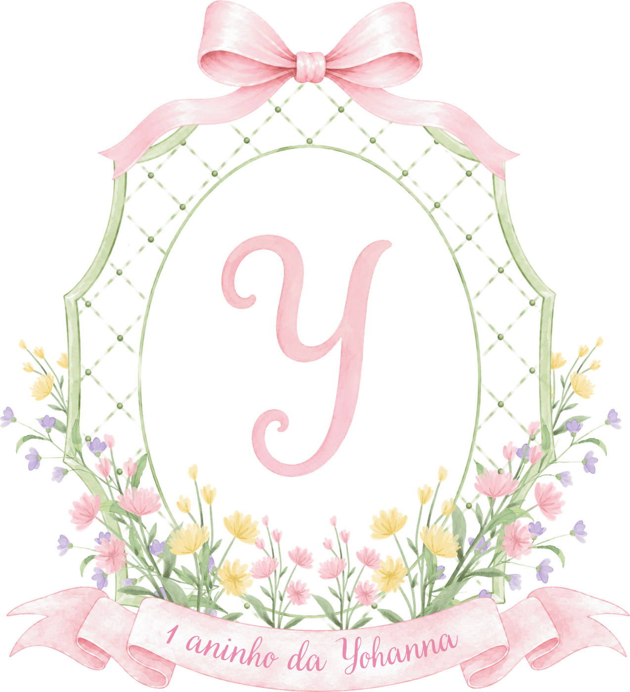 Brasão com a letra Y, laço rosa e flores da festa da Yohanna